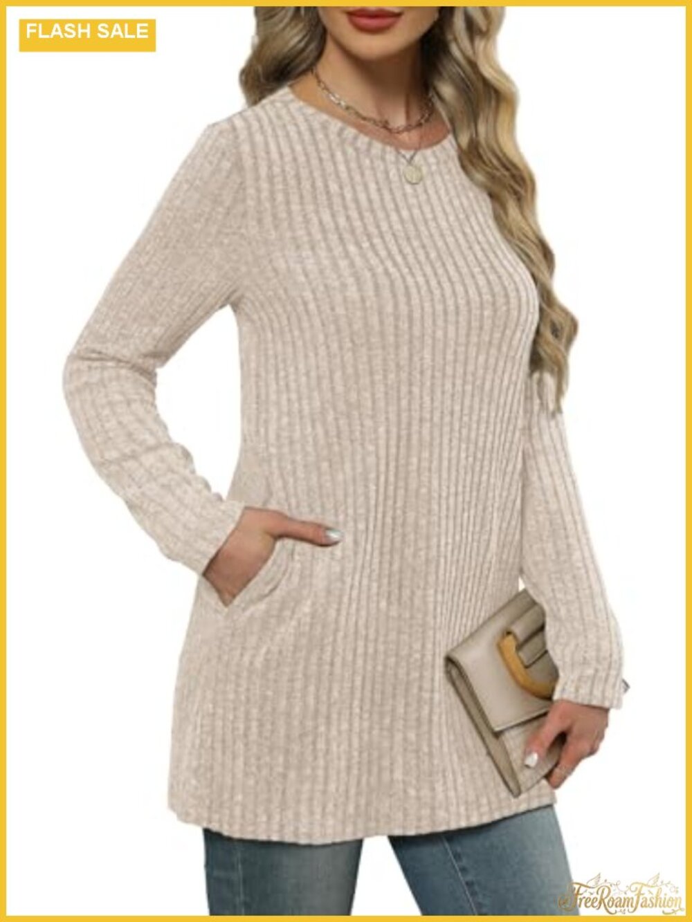 Womens Long Sleeve Tunic Top Crewneck Loose Fit Sweater with Pockets - Picture 2 of 5